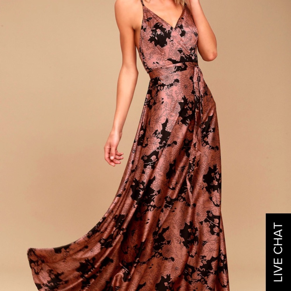 Tea garden rusty rose floral print satin maxi